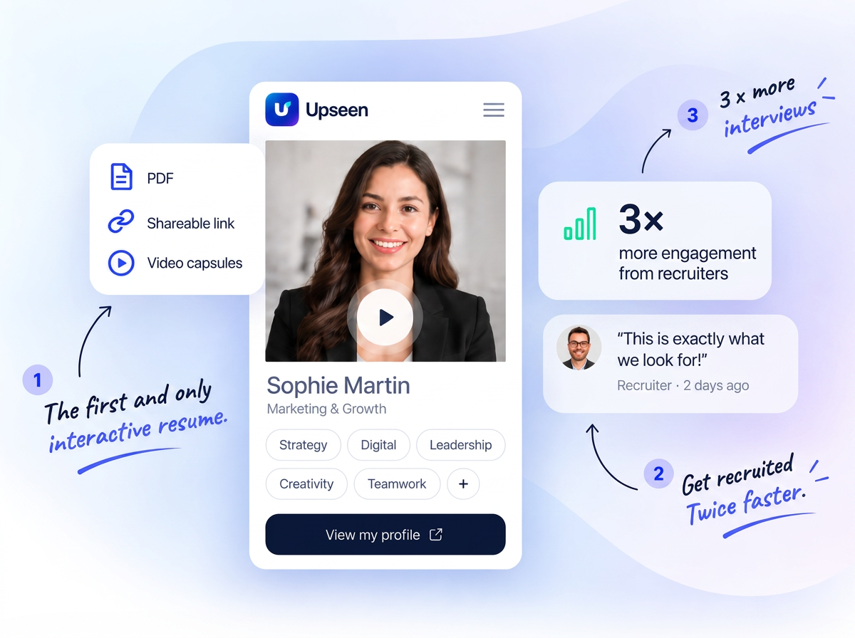 Upseen interactive resume with video capsules, shareable link, PDF and recruiter feedback